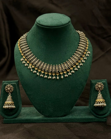 Oxidized Silver Temple Necklace Set with Pearl Drops & Matching Jhumka Earrings | LLB0252