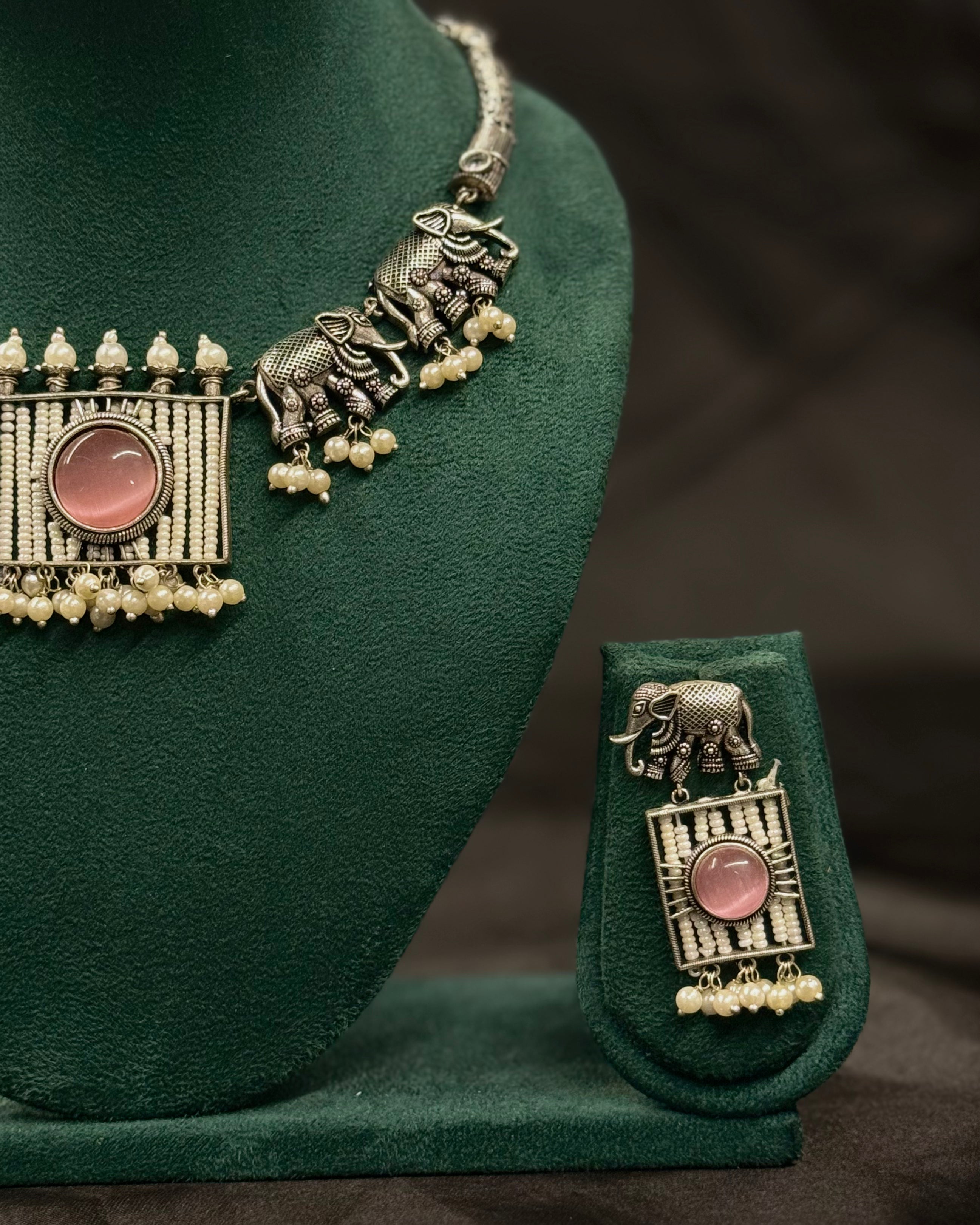 Oxidized Silver Elephant Necklace Set with Pink Stone Pendant & Pearl Drops | LLB032