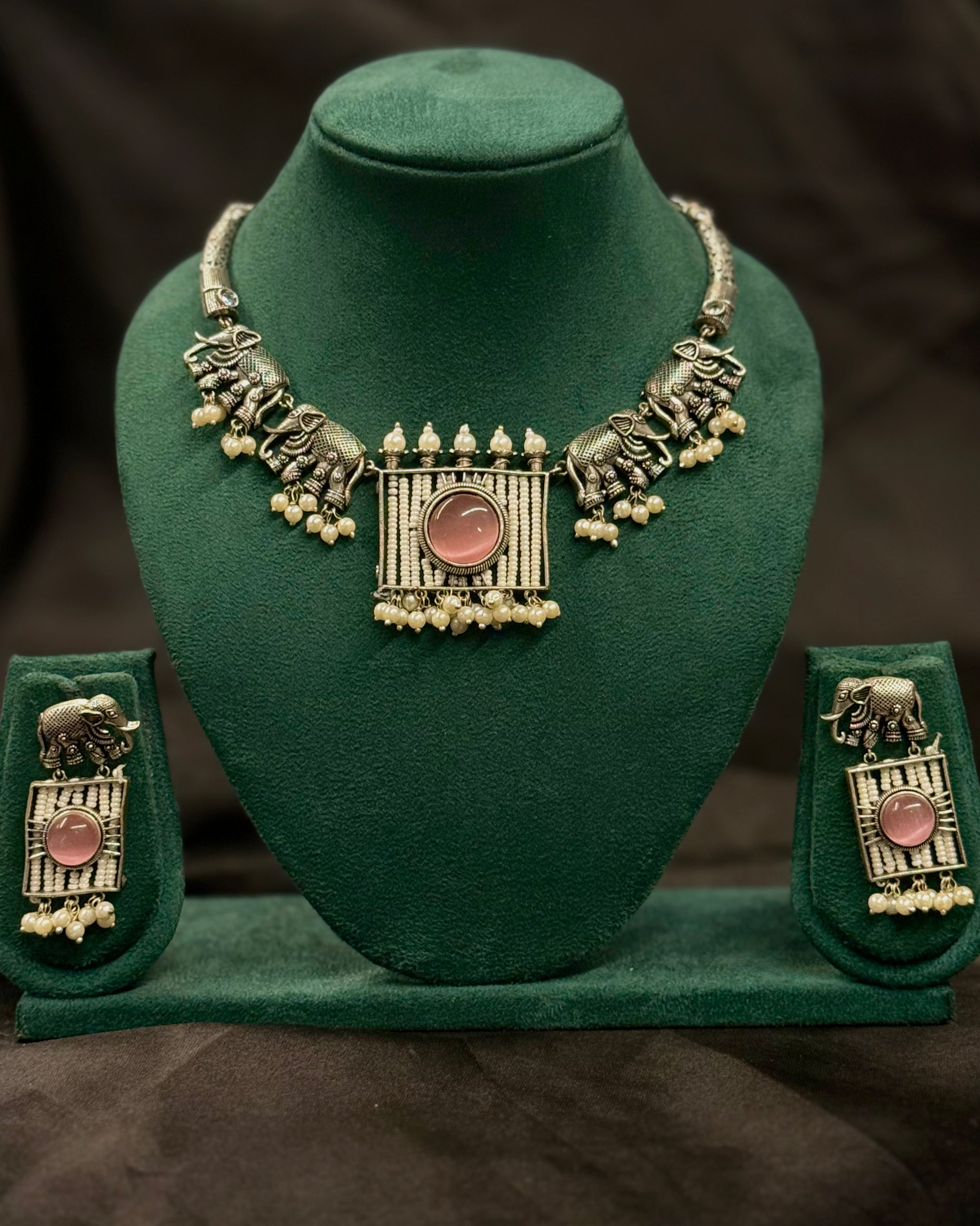 Oxidized Silver Elephant Necklace Set with Pink Stone Pendant & Pearl Drops | LLB032