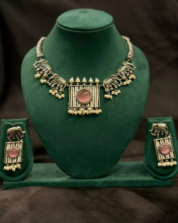Oxidized Silver Elephant Necklace Set with Pink Stone Pendant & Pearl Drops | LLB032