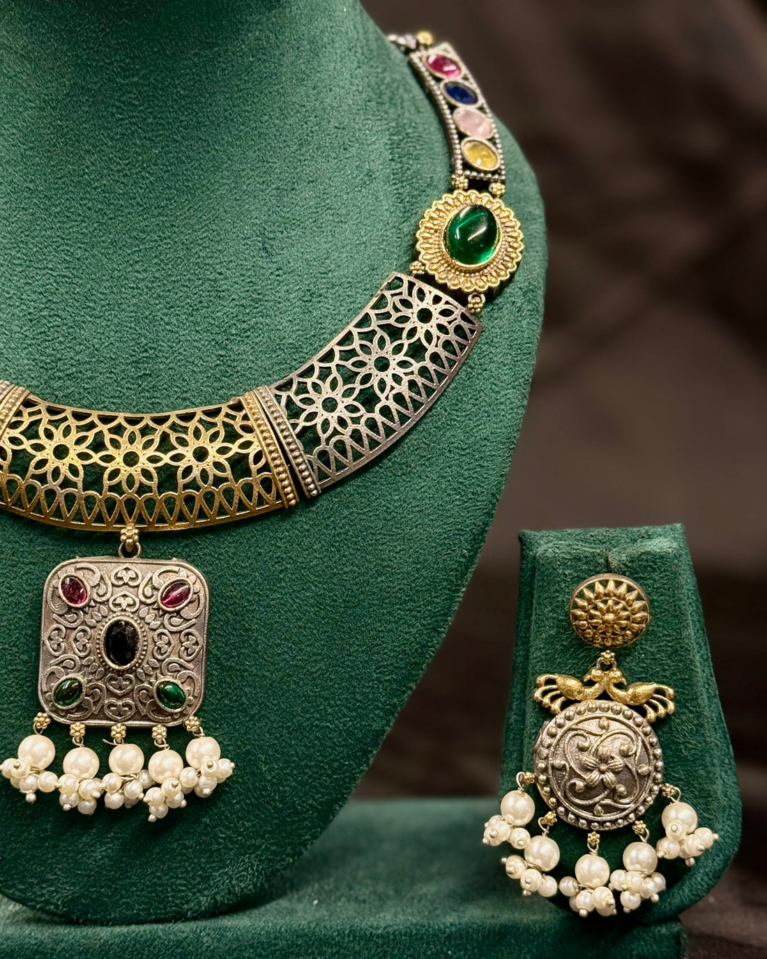 Oxidized Multicolour Stone Necklace Set with Pearl Drop Earrings | LLB074