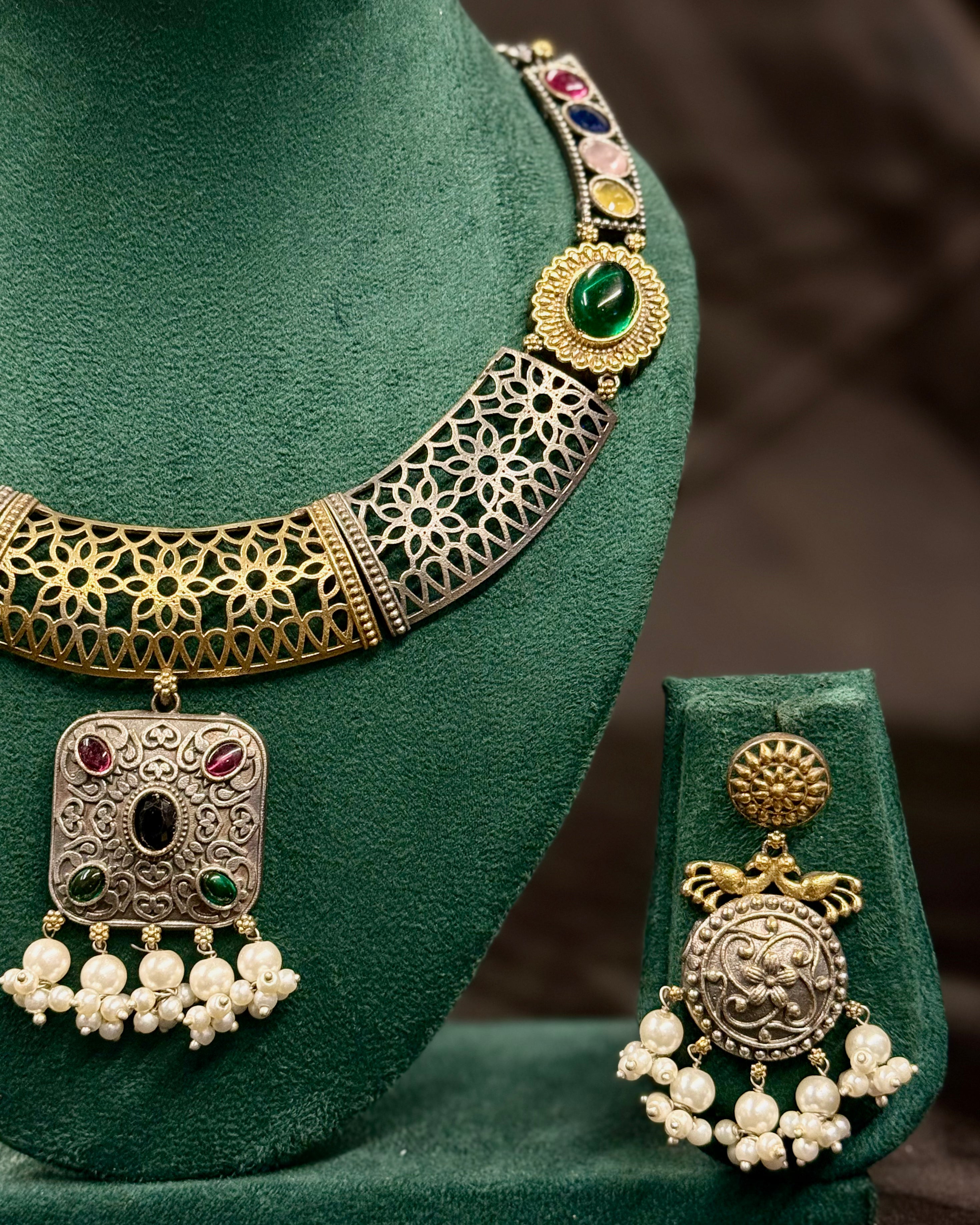 Oxidized Multicolour Stone Necklace Set with Pearl Drop Earrings | LLB074