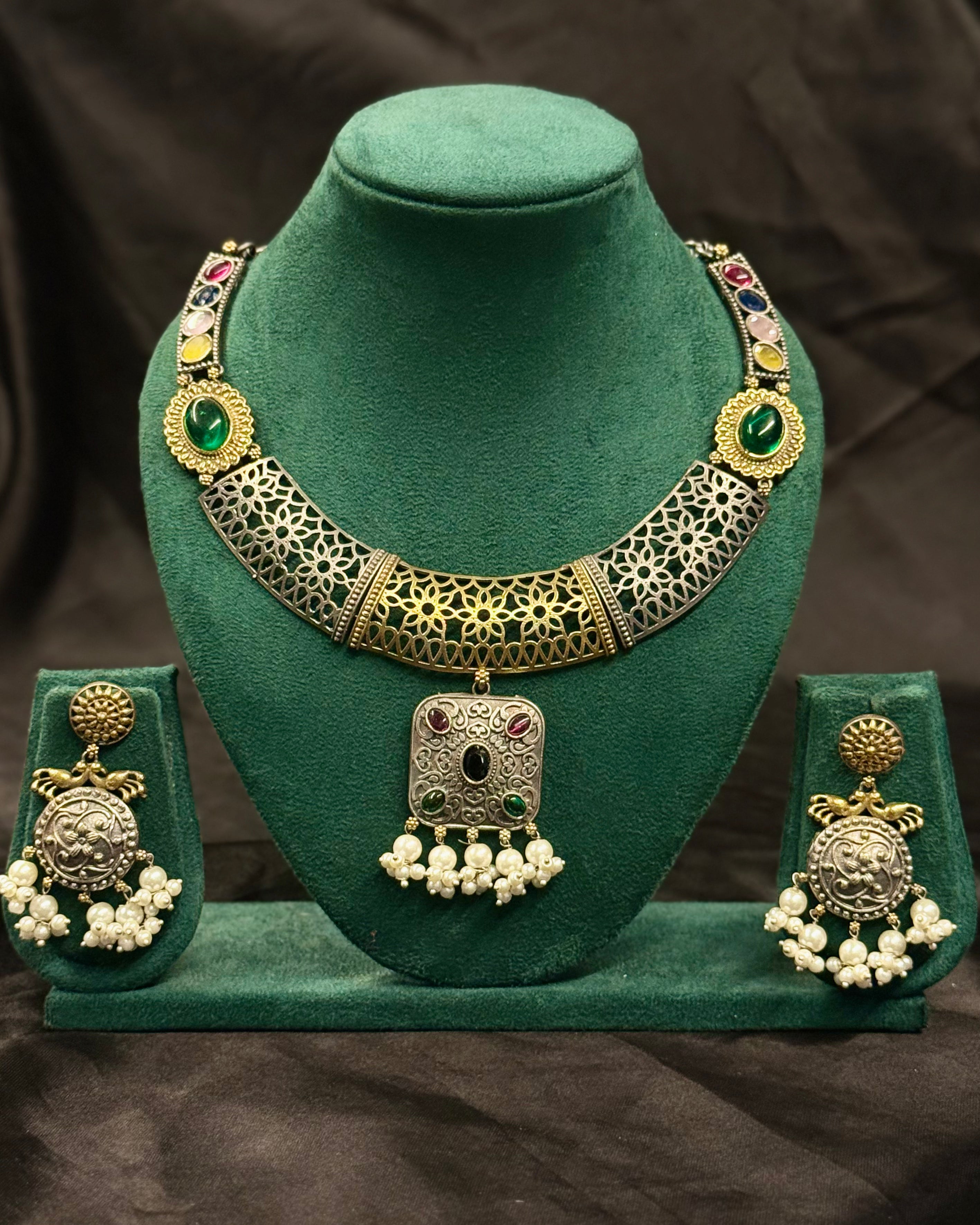 Oxidized Multicolour Stone Necklace Set with Pearl Drop Earrings | LLB074