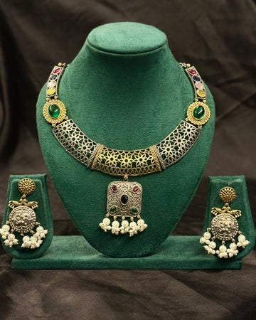 Oxidized Multicolour Stone Necklace Set with Pearl Drop Earrings | LLB074