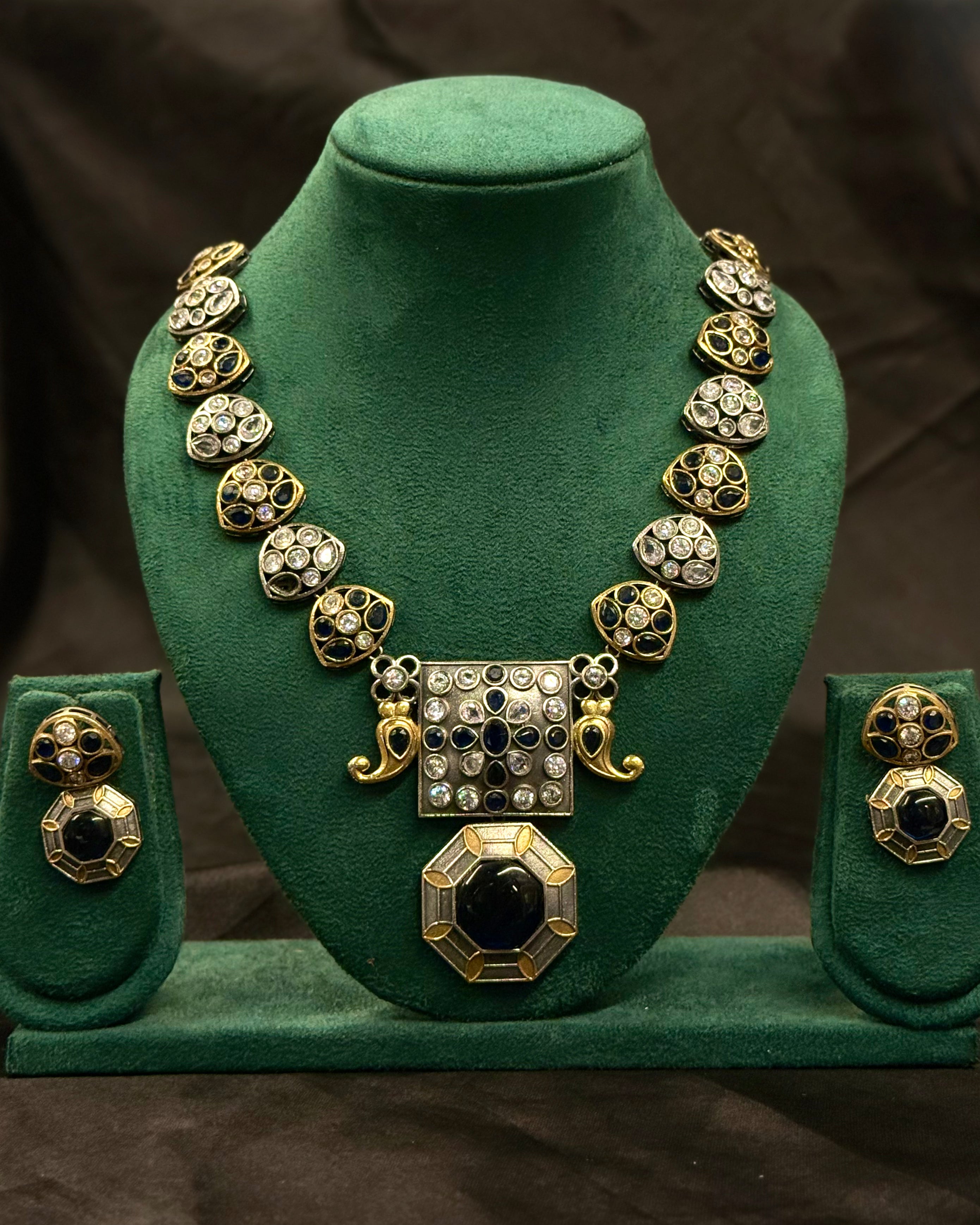 Black Stone & CZ Necklace Set with Matching Earrings | LLB1427