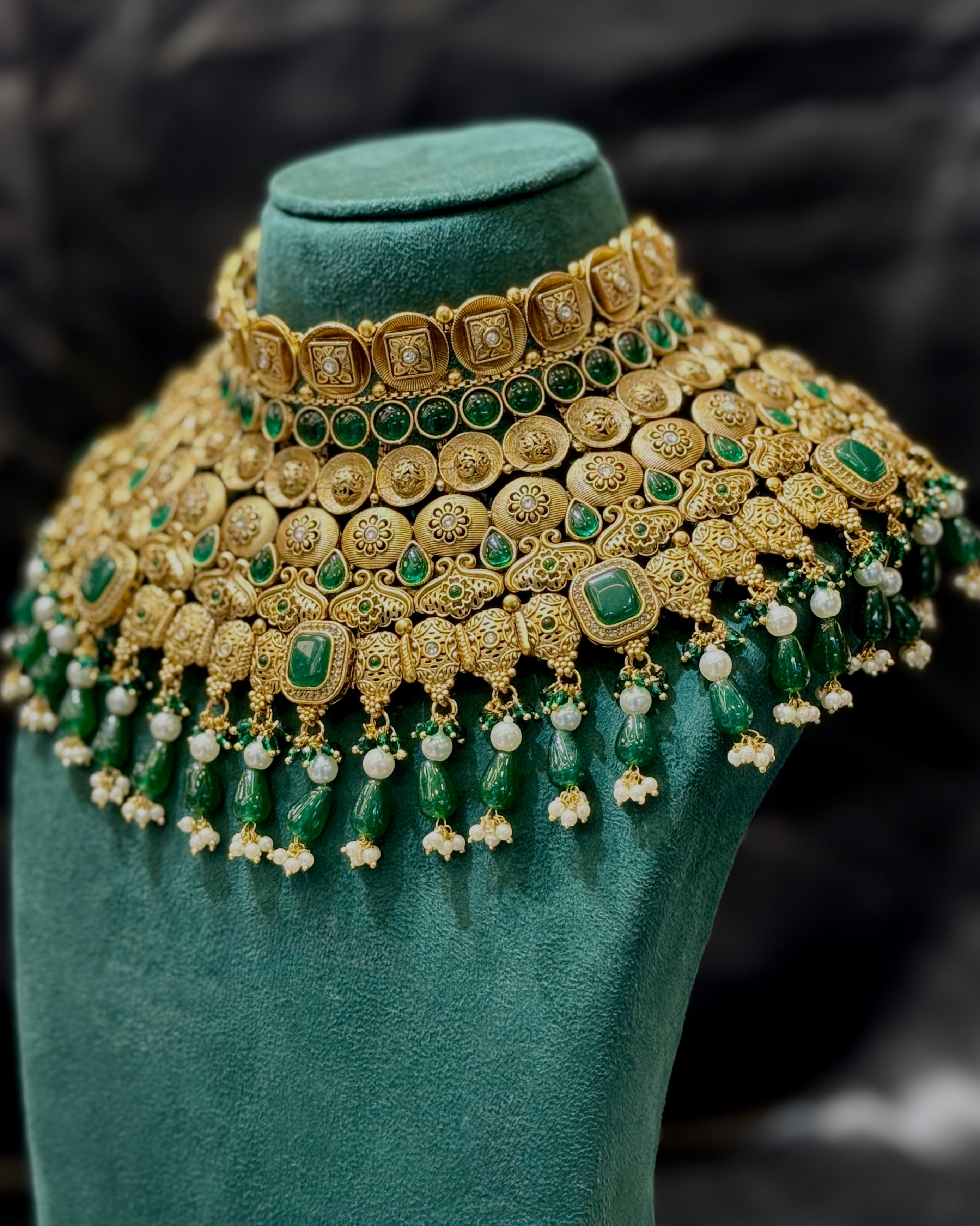 Antique Gold Plated Green Stone Bridal Necklace Set with Pearl Drops | LM8698