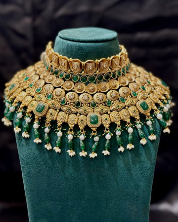 Antique Gold Plated Green Stone Bridal Necklace Set with Pearl Drops | LM8698