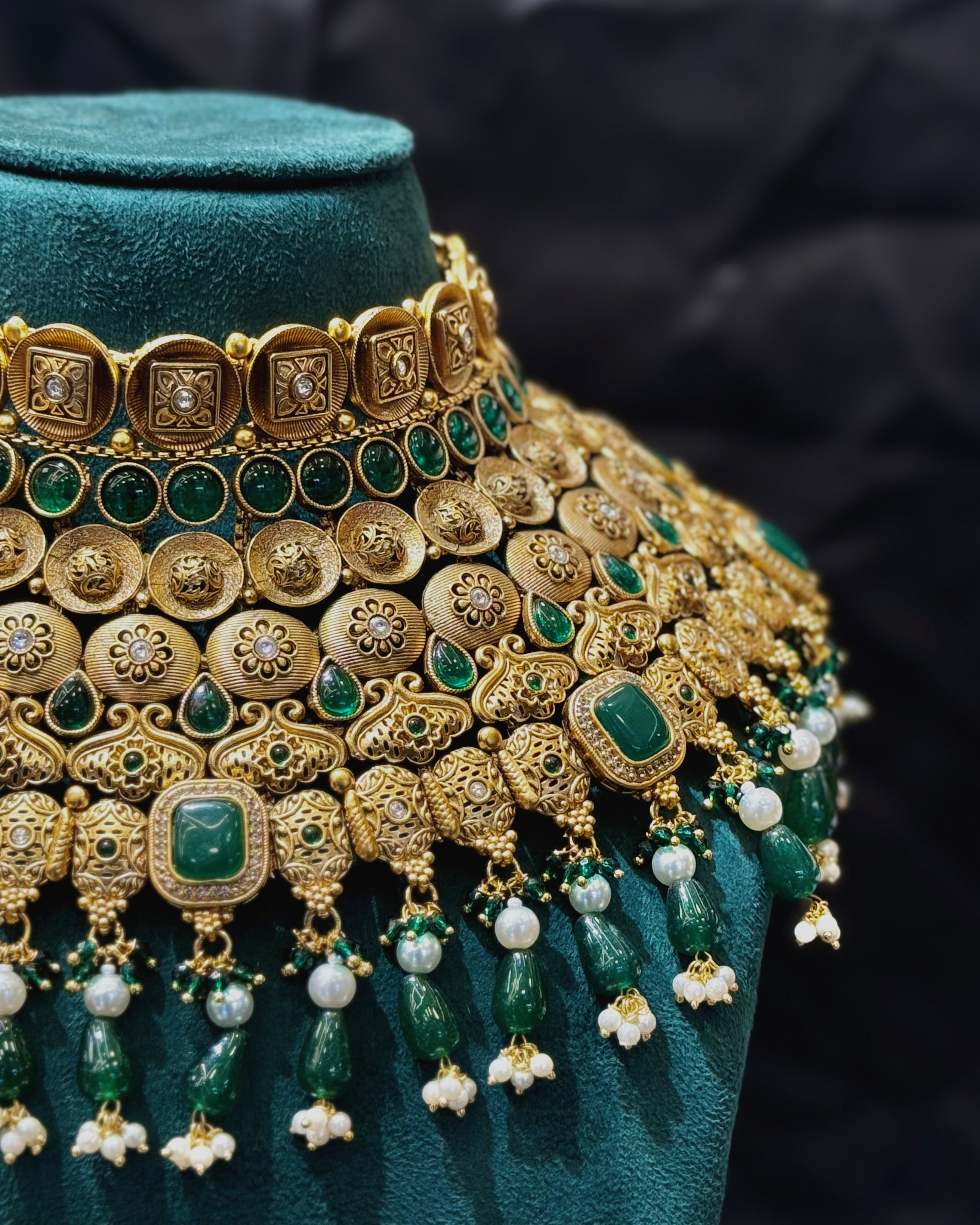 Antique Gold Plated Green Stone Bridal Necklace Set with Pearl Drops | LM8698