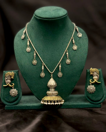 Oxidized Silver Temple Necklace Set with Pearl Pendant & Unique Elephant Earrings | LT1114
