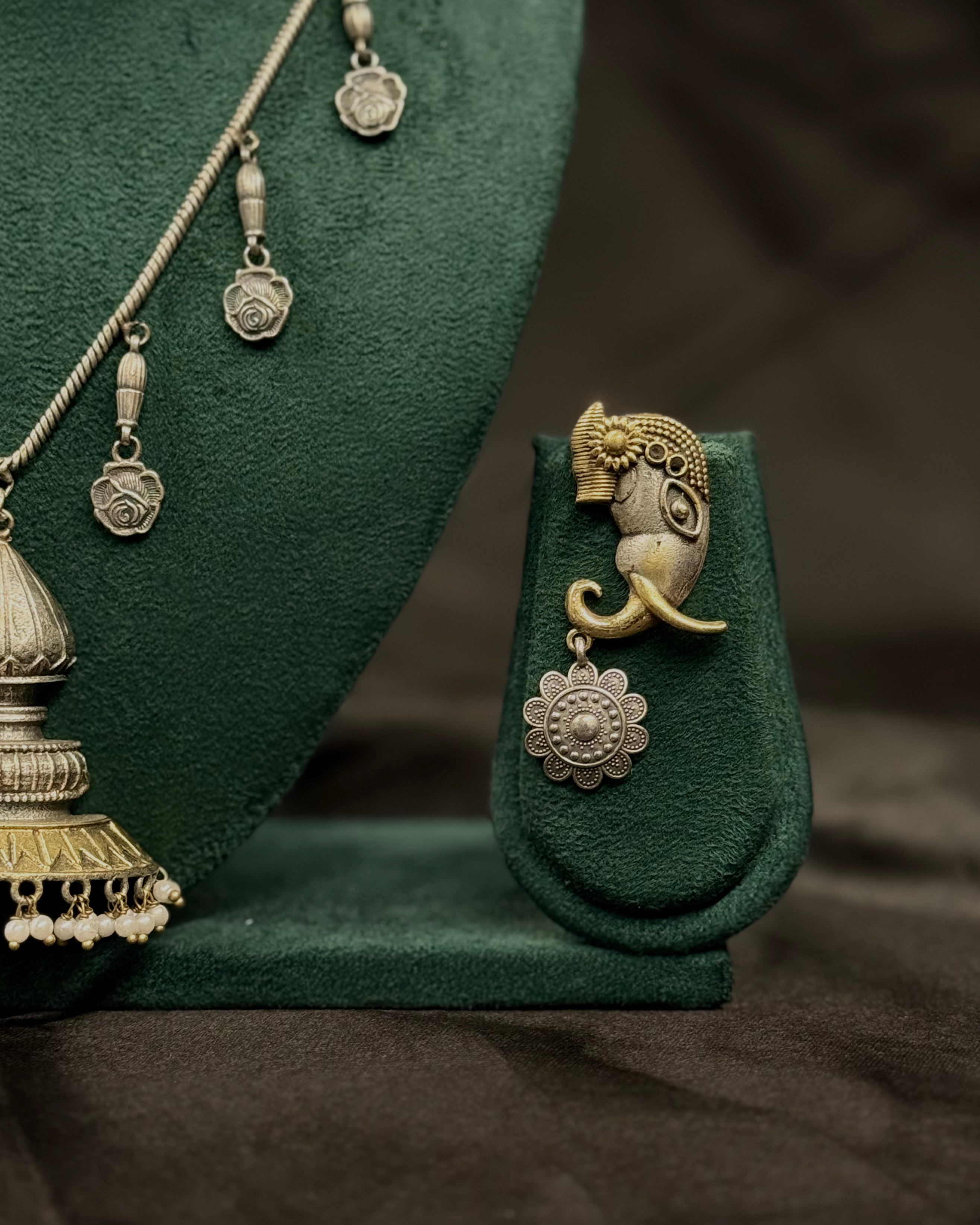 Oxidized Silver Temple Necklace Set with Pearl Pendant & Unique Elephant Earrings | LT1114