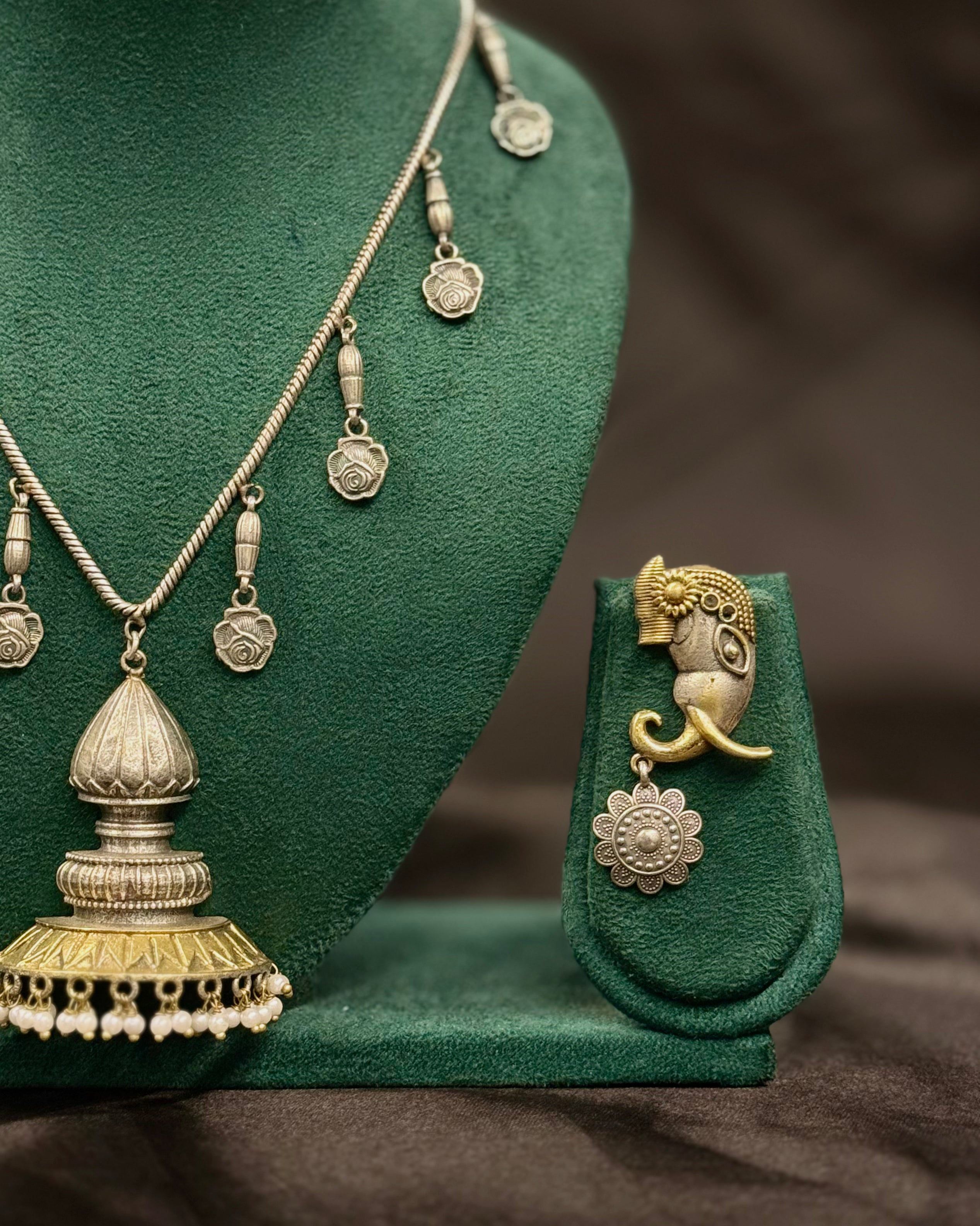 Oxidized Silver Temple Necklace Set with Pearl Pendant & Unique Elephant Earrings | LT1114