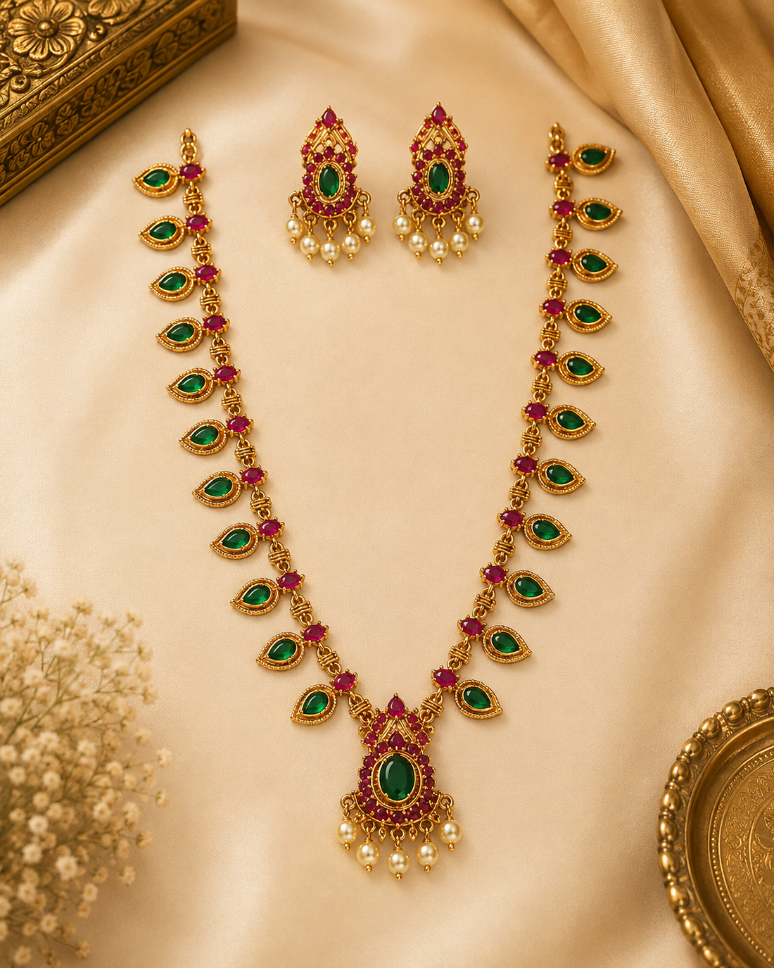 A woman wearing a traditional Indian outfit with a maroon blouse and cream saree, styled with a gold and red gemstone necklace and matching earrings.