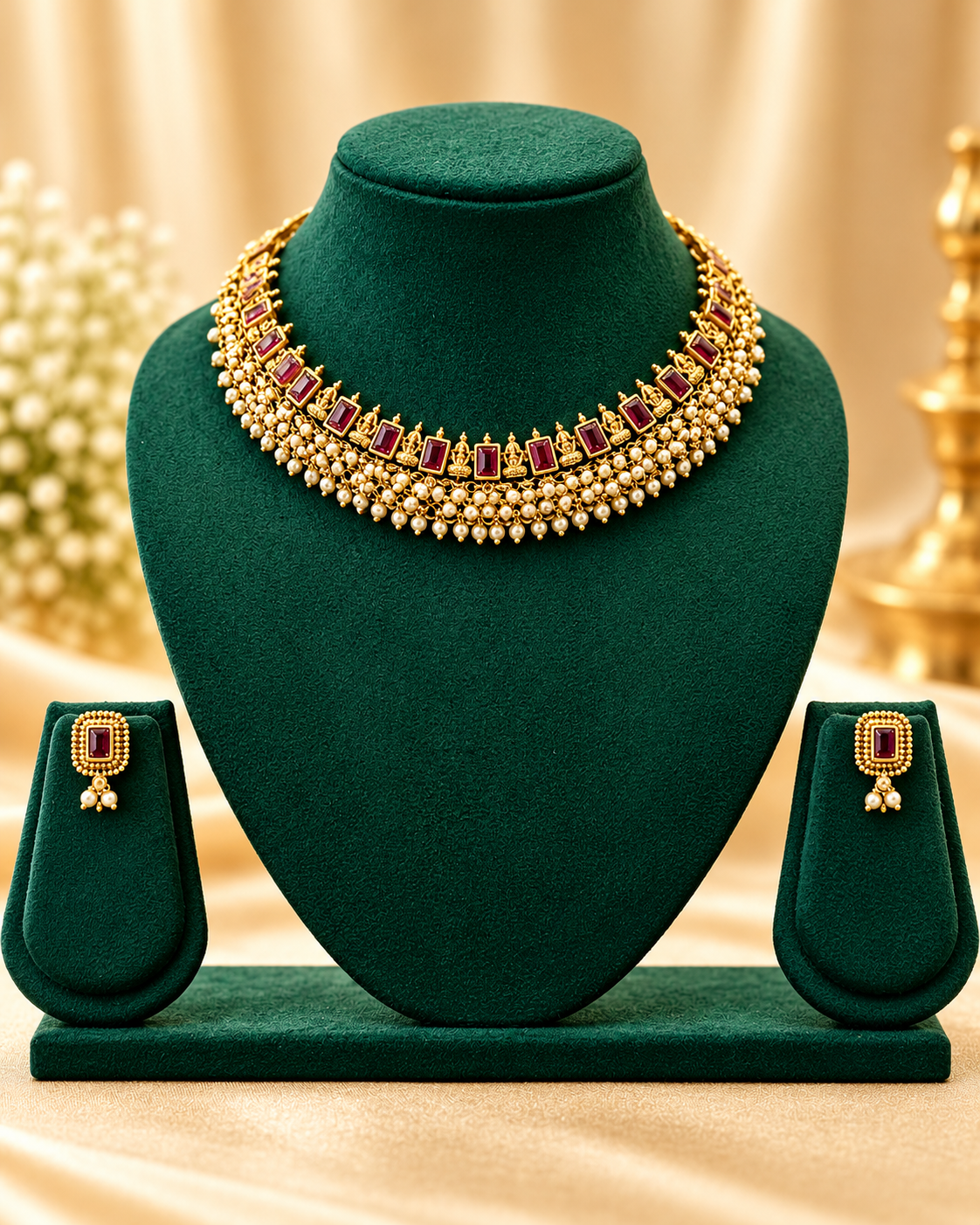 Antique Gold Plated Ruby Stone Choker Necklace Set with Pearl Bead Detailing & Matching Earrings | LV1579