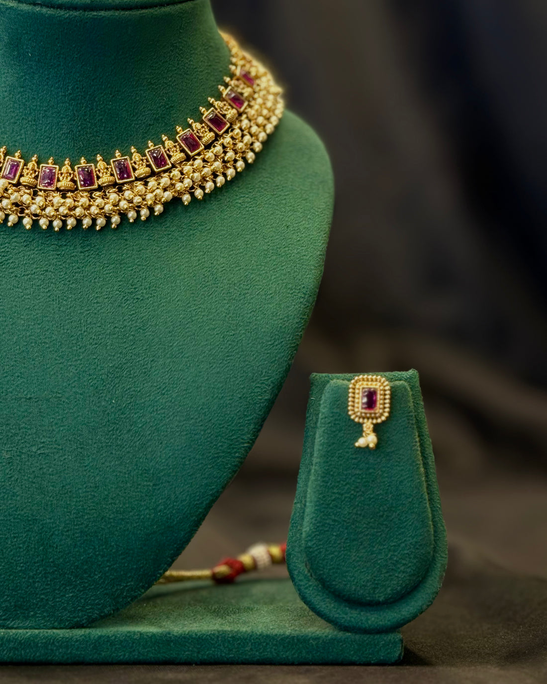 Antique Gold Plated Ruby Stone Choker Necklace Set with Pearl Bead Detailing & Matching Earrings | LV1579