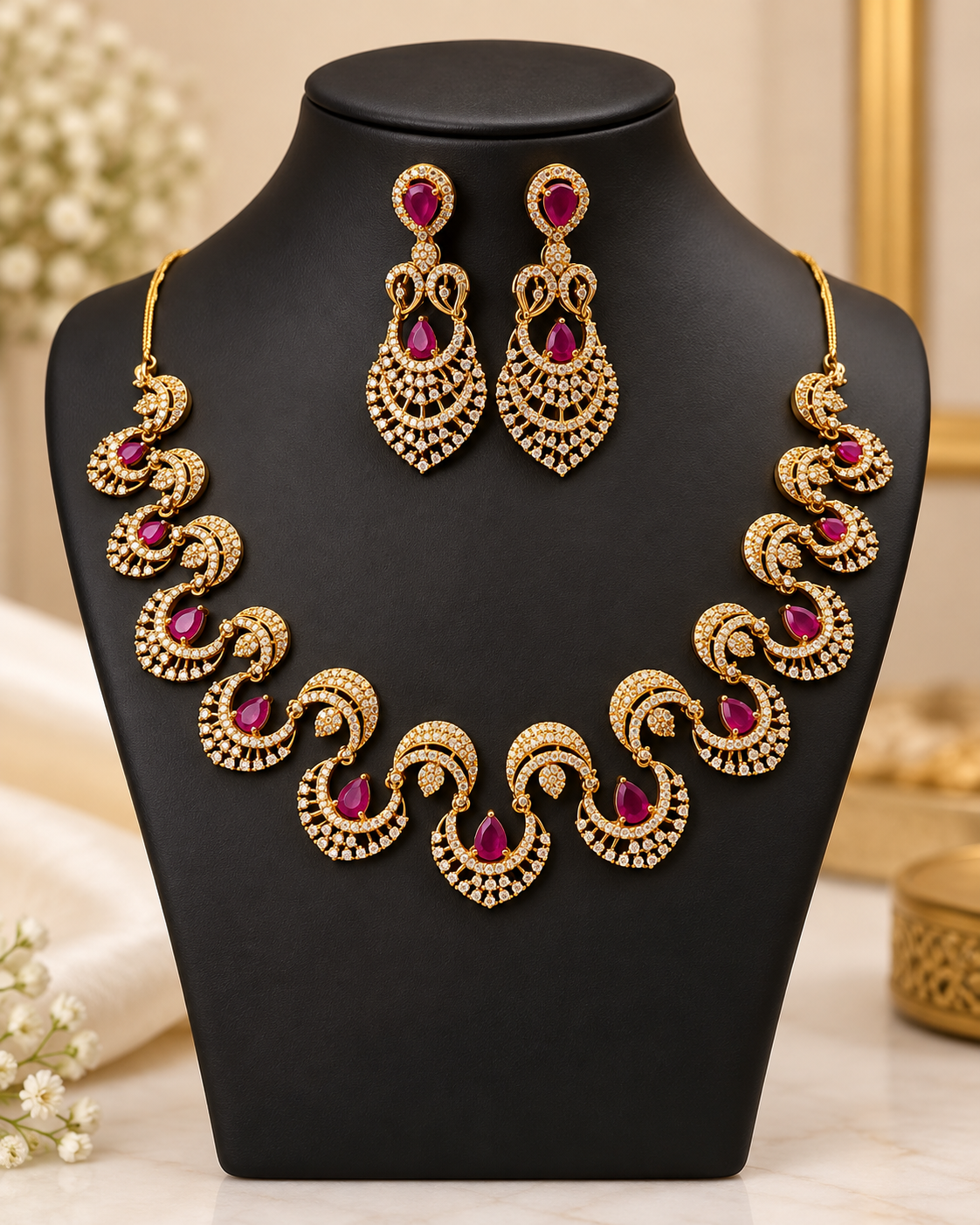 Ruby American Diamond Necklace Set | LV1735