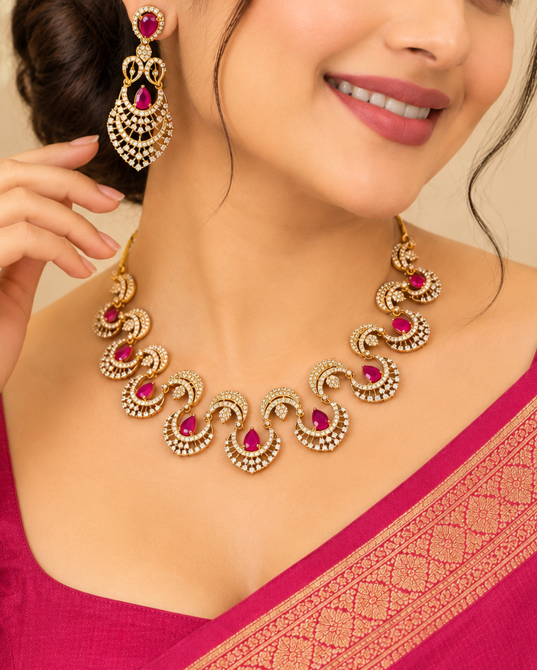 Ruby American Diamond Necklace Set | LV1735