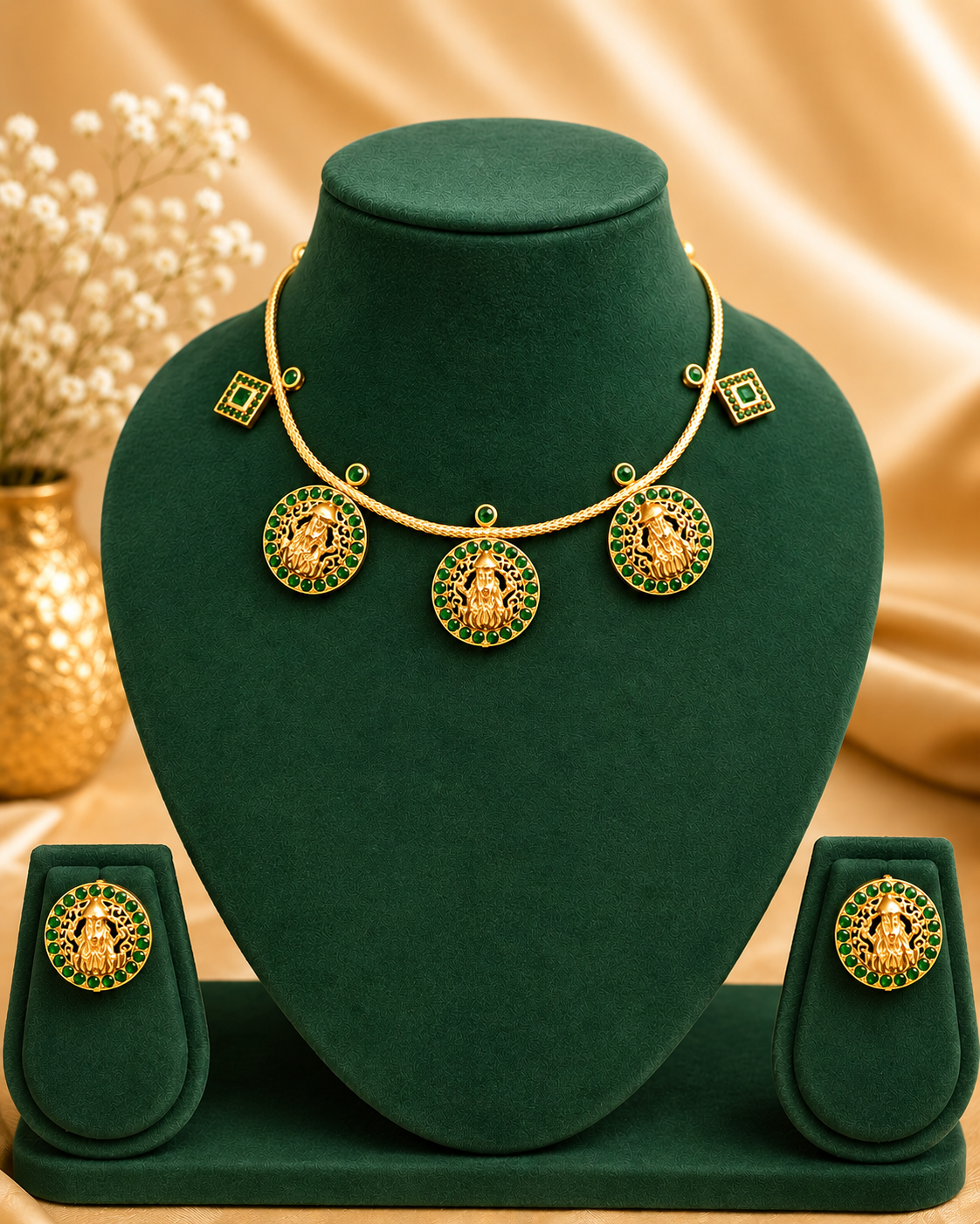 Gold Lakshmi Coin Torque Necklace Set with Kemp Studs | LV1955