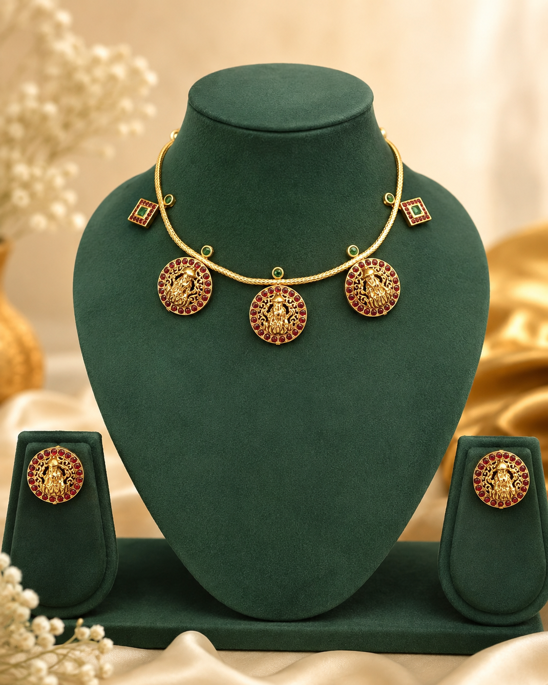 Gold Lakshmi Coin Torque Necklace Set with Kemp Studs | LV1955