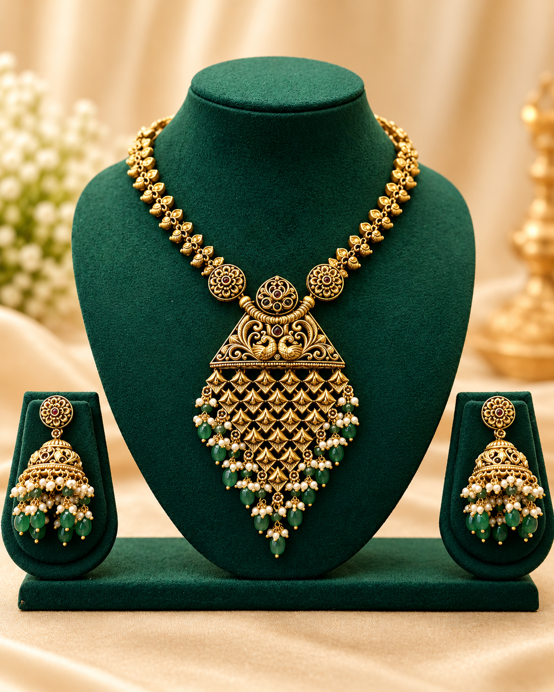 Antique Gold Plated Necklace Set with Green Bead Drops & Traditional Jhumka Earrings | LV3058