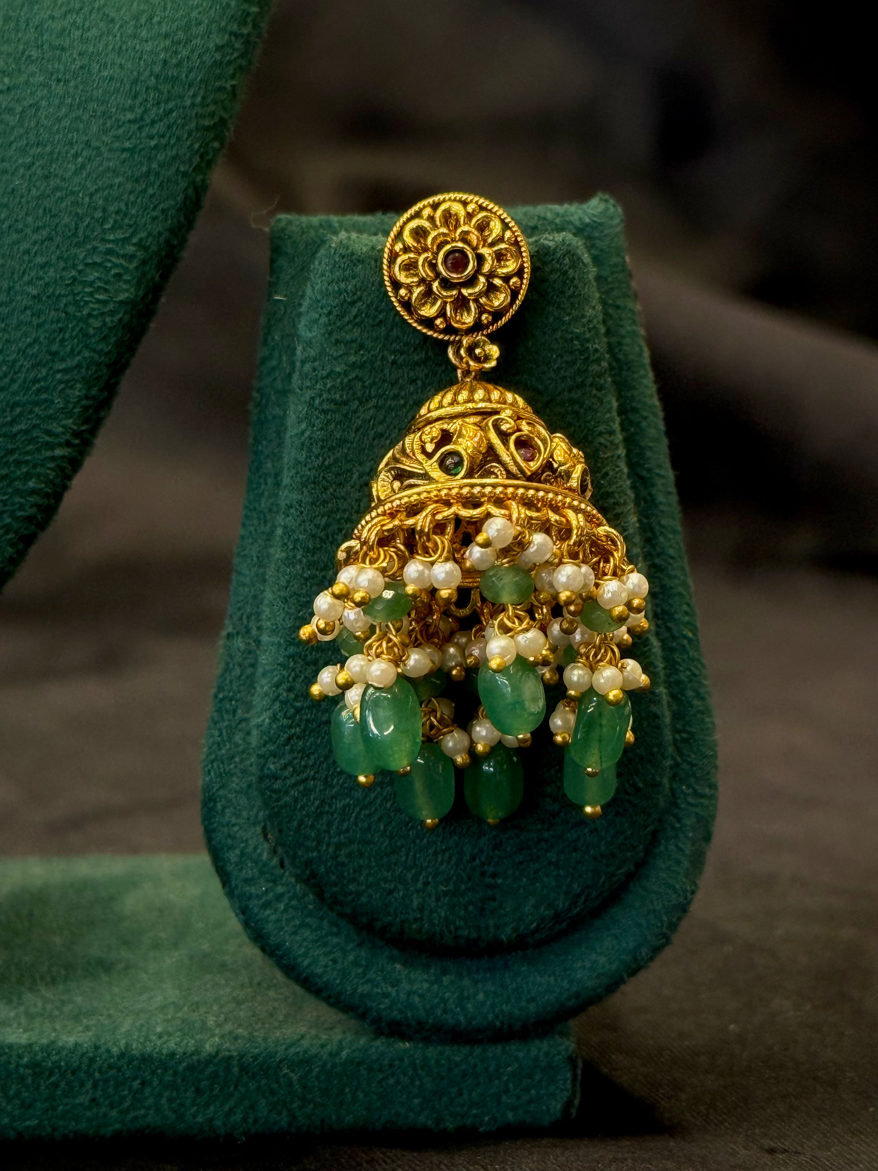 Antique Gold Plated Necklace Set with Green Bead Drops & Traditional Jhumka Earrings | LV3058