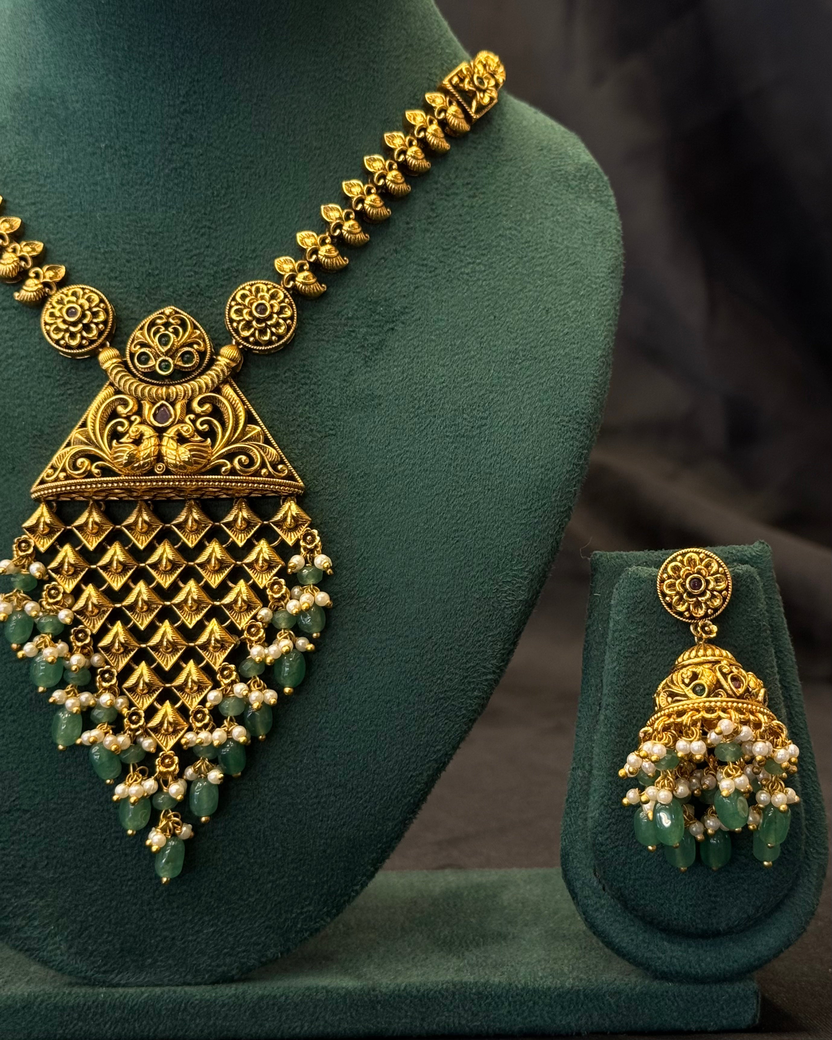 Antique Gold Plated Necklace Set with Green Bead Drops & Traditional Jhumka Earrings | LV3058