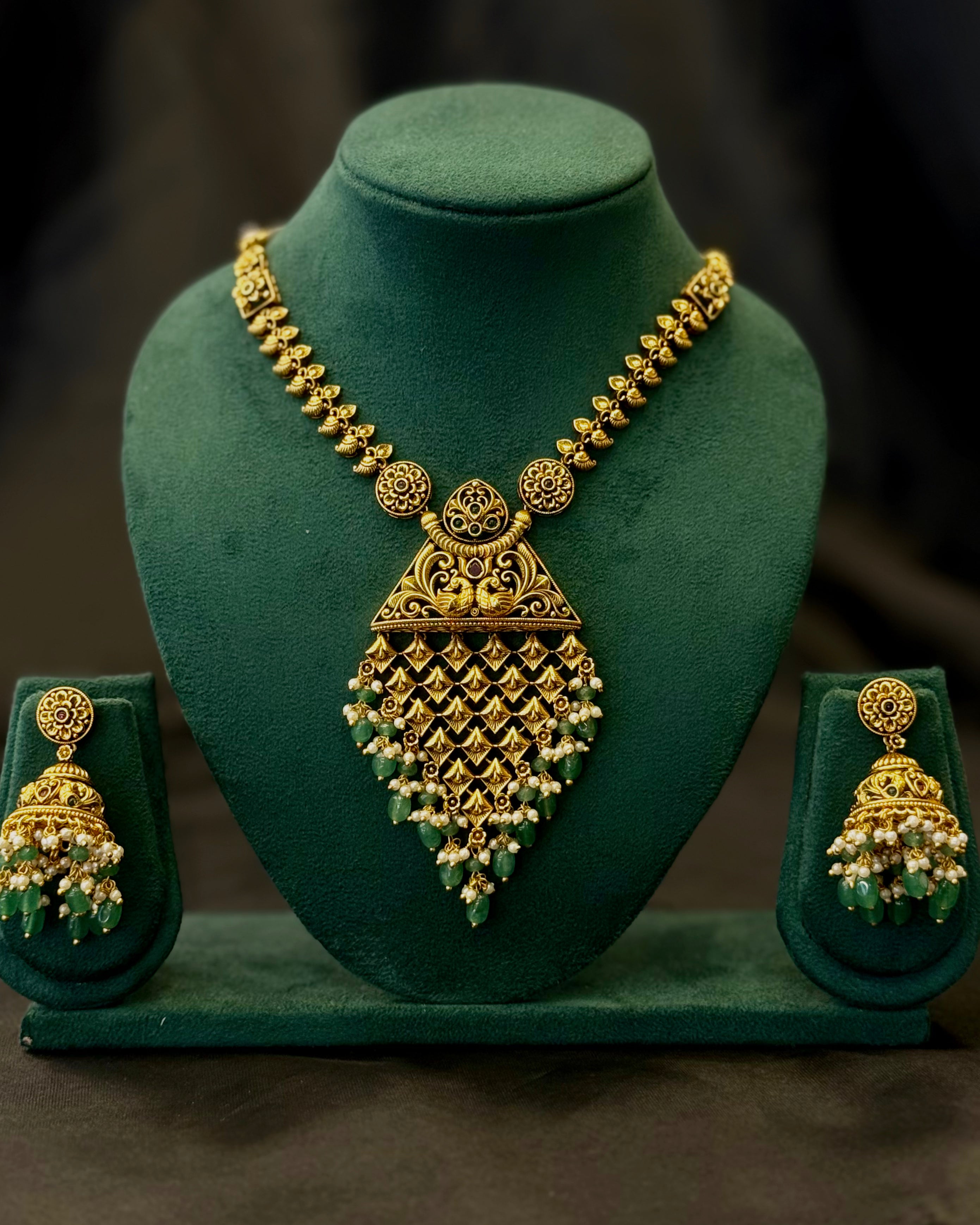 Antique Gold Plated Necklace Set with Green Bead Drops & Traditional Jhumka Earrings | LV3058