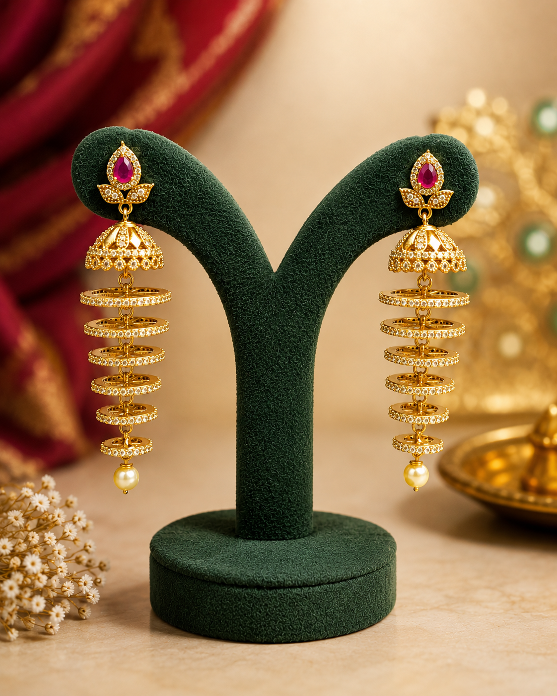 CZ Multi-Ring Jhumka Earrings with Ruby Top & Pearl Drop | LV985
