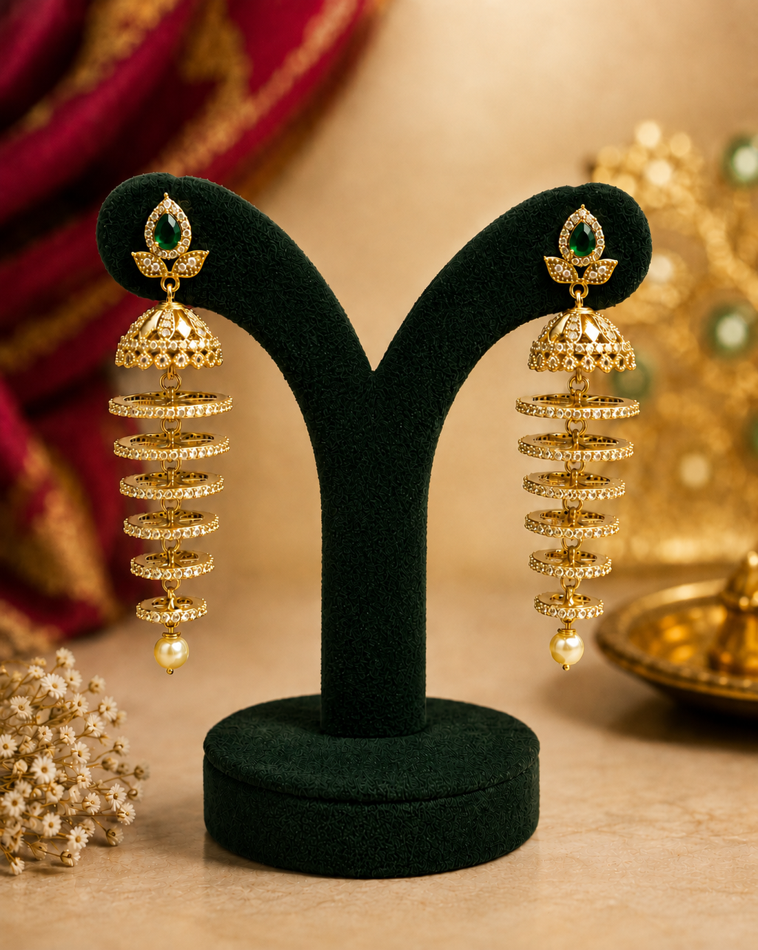 A close-up portrait of a woman wearing ornate gold dangling earrings with red and green stone accents, paired with a beige and maroon saree.