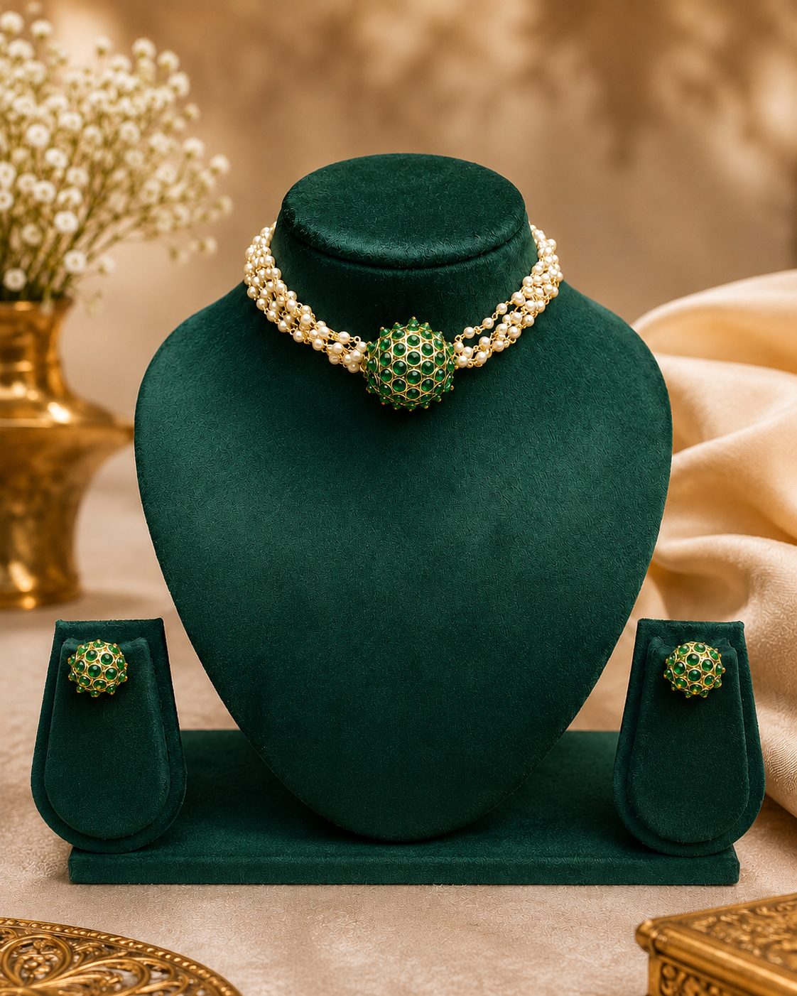 Gold Ruby Emerald Dome Ball Pearl Strand Choker Necklace Set | ONK51