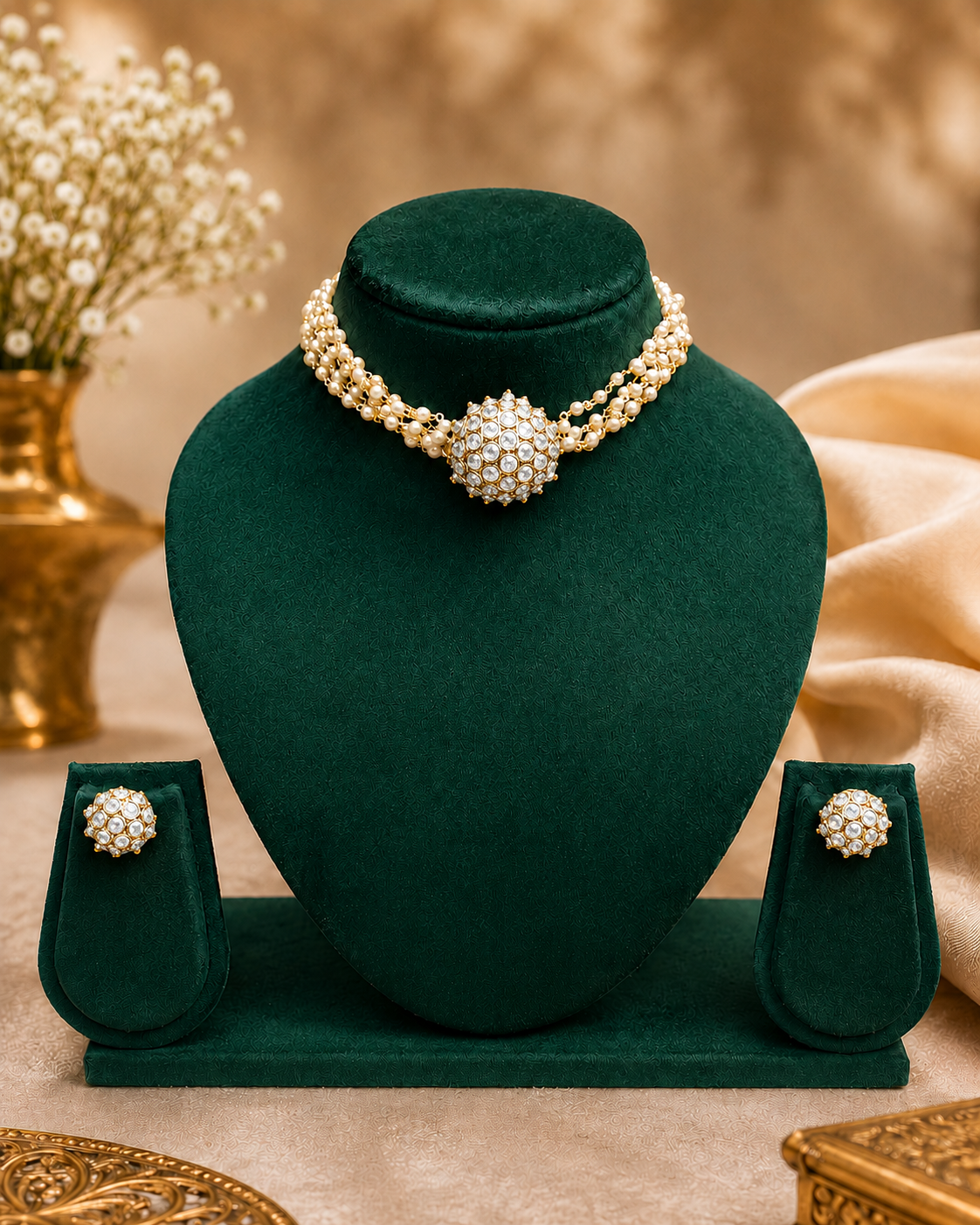 Gold Ruby Emerald Dome Ball Pearl Strand Choker Necklace Set | ONK51