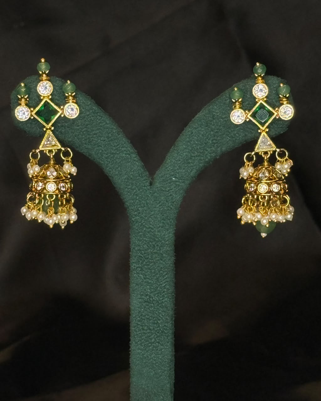 Green Stone Jhumka Earrings with Pearl Drops | LV2174/LV2199