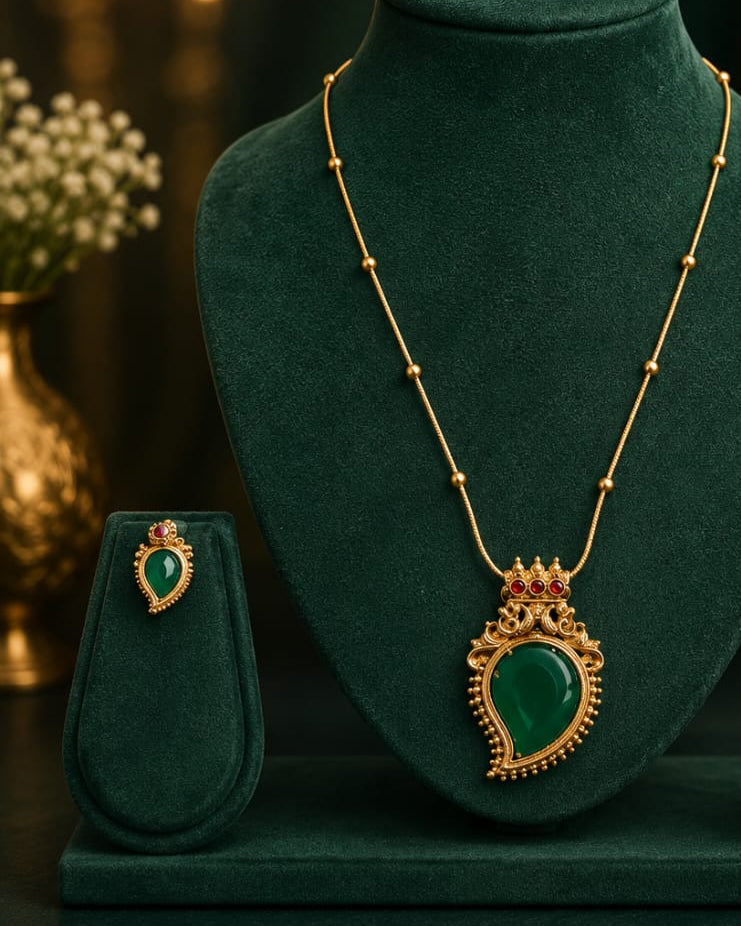 Gold Emerald Cabochon Teardrop Pendant Long Necklace Set | OL 22