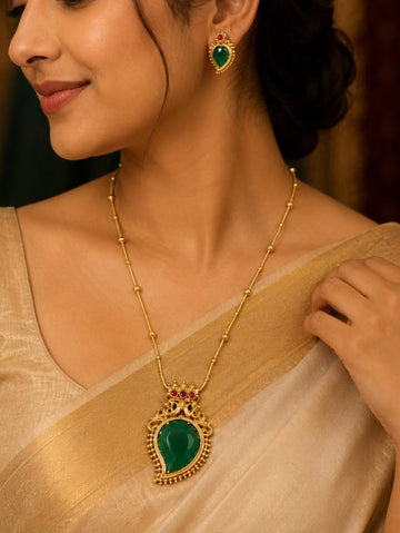 Gold Emerald Cabochon Teardrop Pendant Long Necklace Set | OL 22