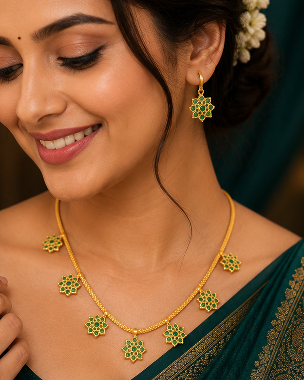 Gold Emerald Kemp Floral Station Necklace Set | OL 43
