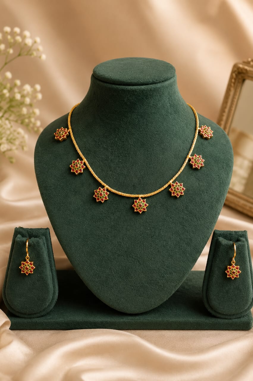 Gold Emerald Kemp Floral Station Necklace Set | OL 43