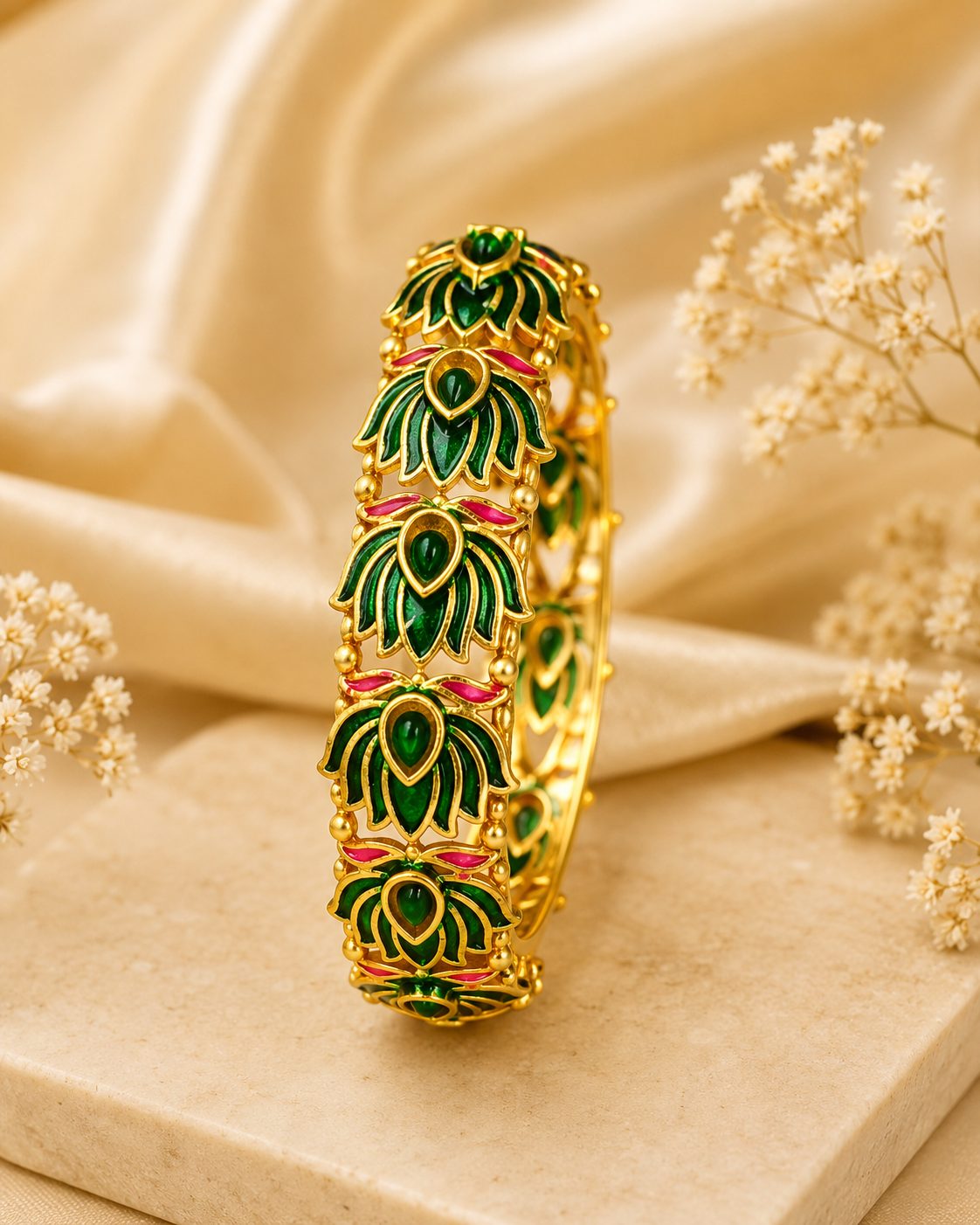 Buy 1 Get 1 Free, Gold & Green Lotus Design Gold-Plated Bangle