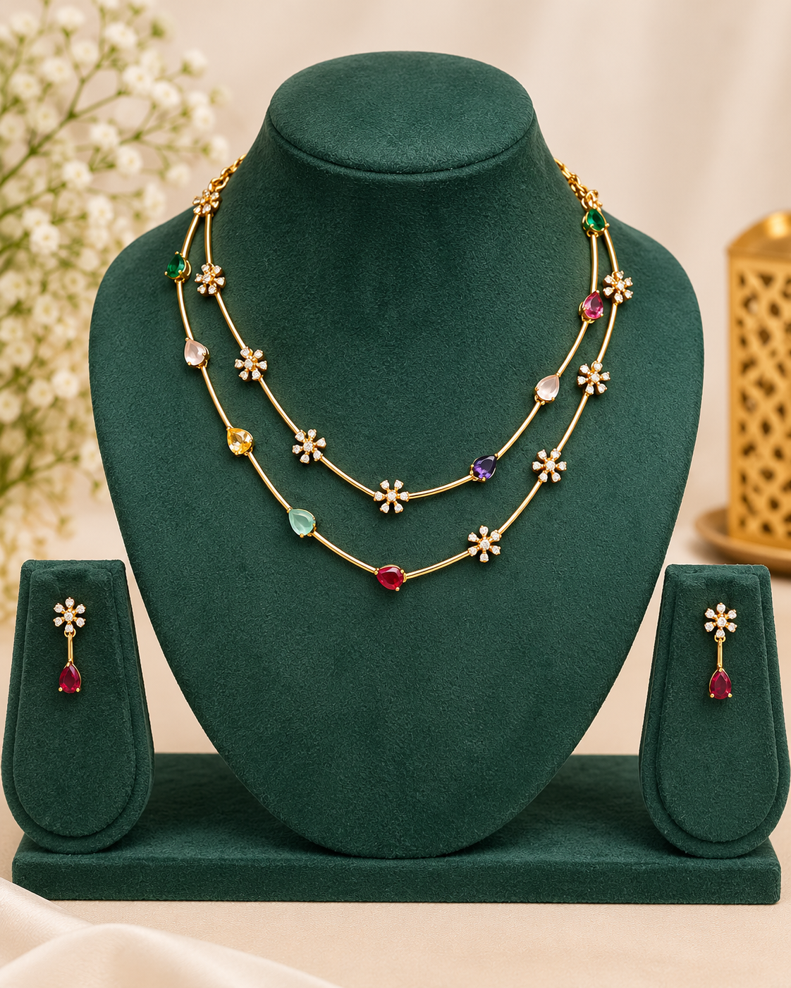 Floral Necklace Set With Double Layer Chains And Earrings | ONK189