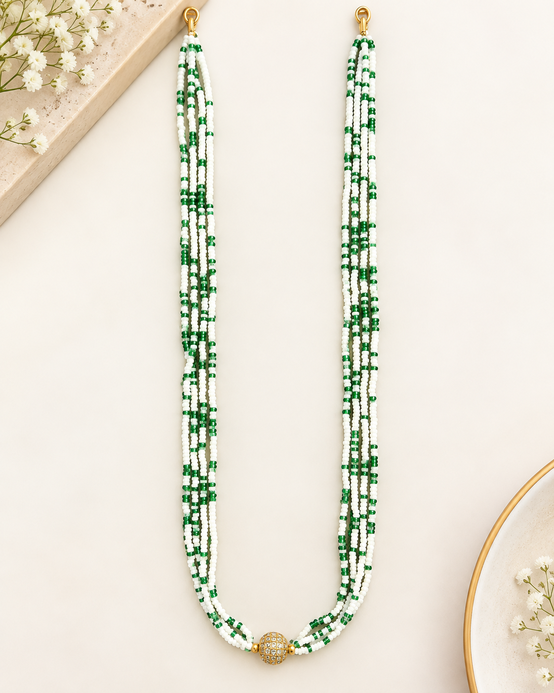 Green White Beaded Long Necklace | MV42