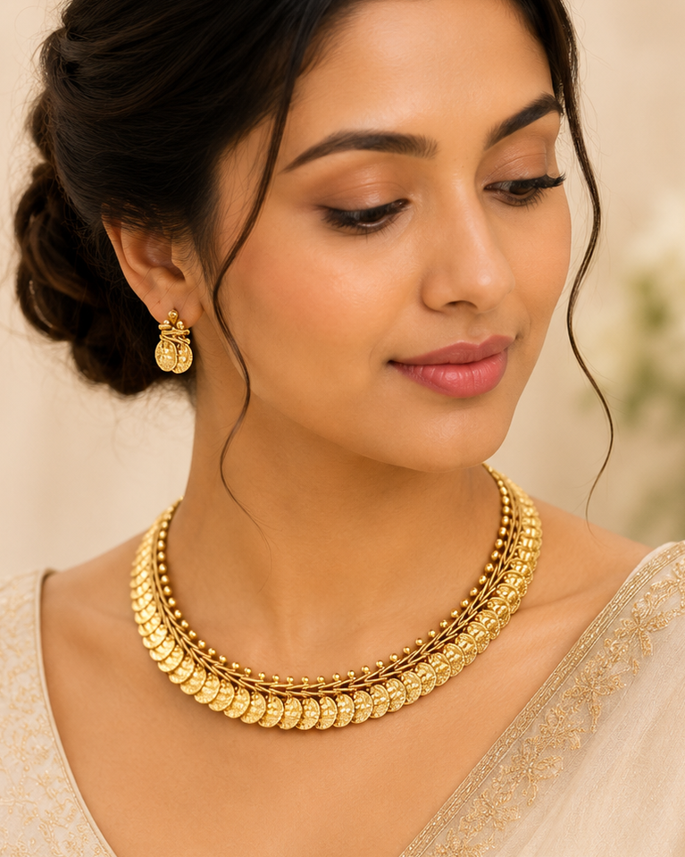 Gold Lakshmi Kasu Coin Double Layer Choker Necklace Set | OL 19