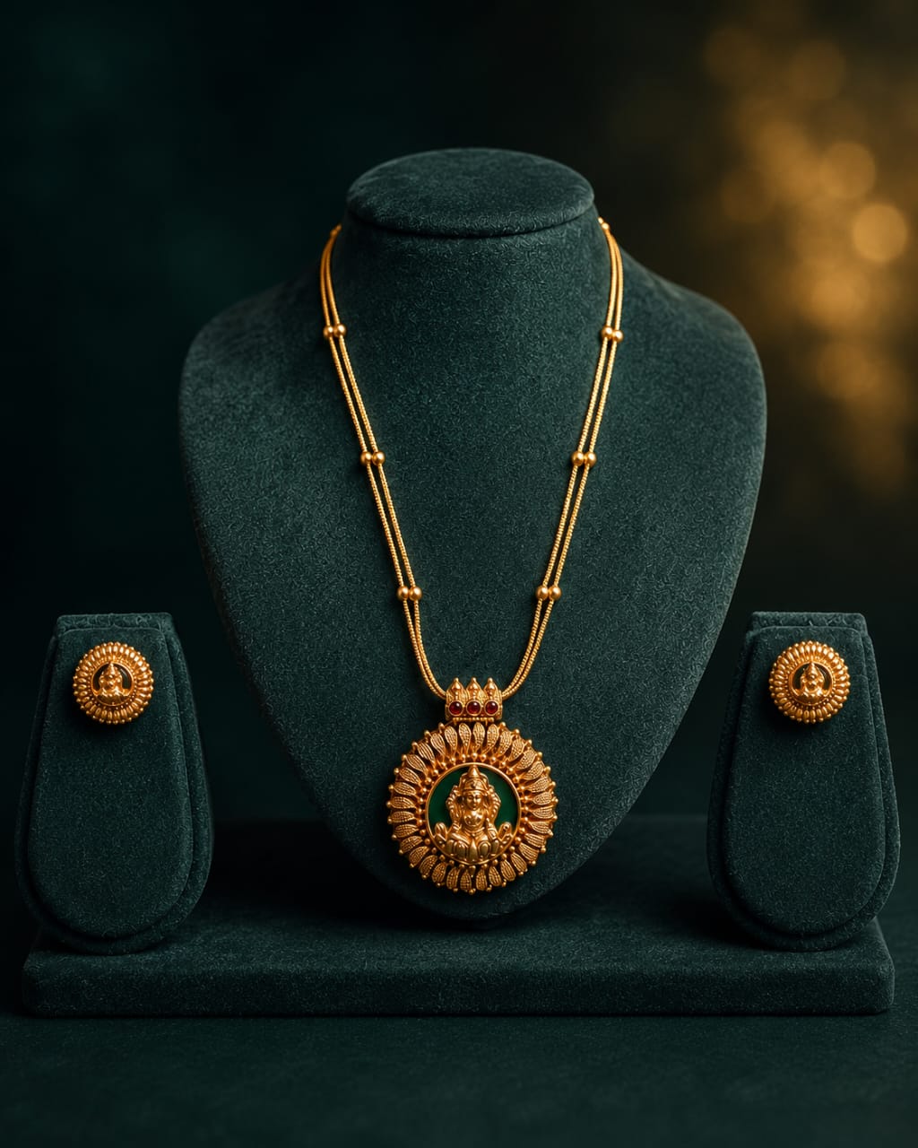 Gold Nakshi Lakshmi Long Necklace Set with Sunburst Pendant | OL 27