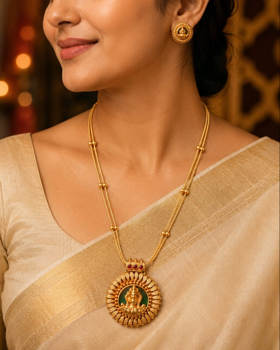 Gold Nakshi Lakshmi Long Necklace Set with Sunburst Pendant | OL 27