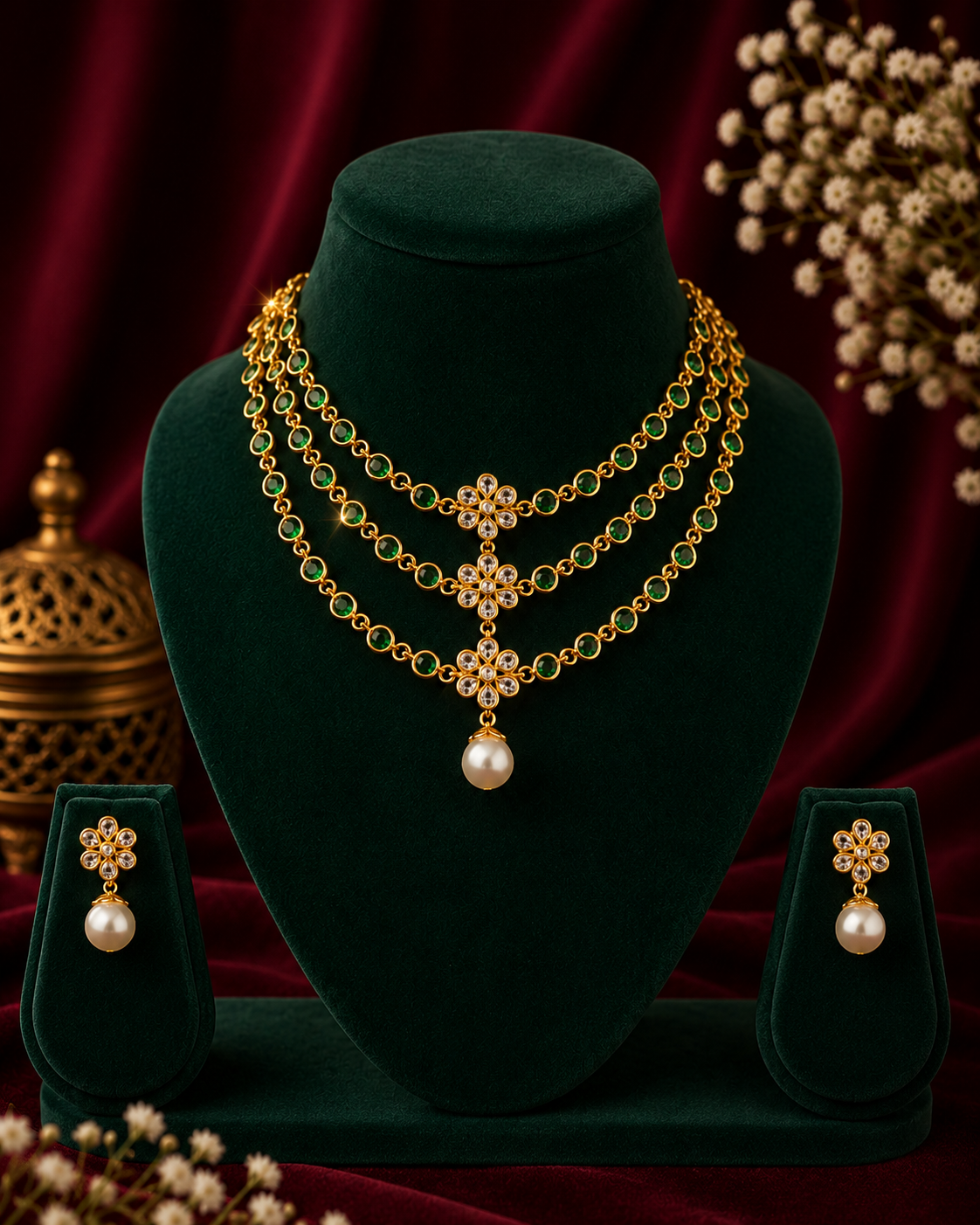 Triple Strand Gold Emerald CZ Necklace Set with Pearl Drop | LLB0264