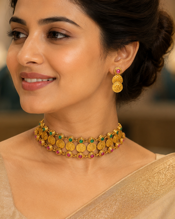 Gold Double Layer Kasu Coin Necklace on Gold Dori | LLB0274