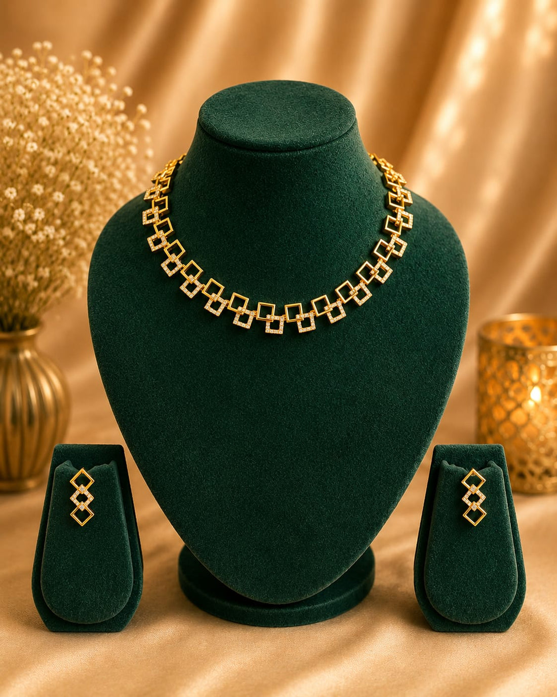 Gold CZ Diamond Open Square Link Choker Necklace Set | LLB0265