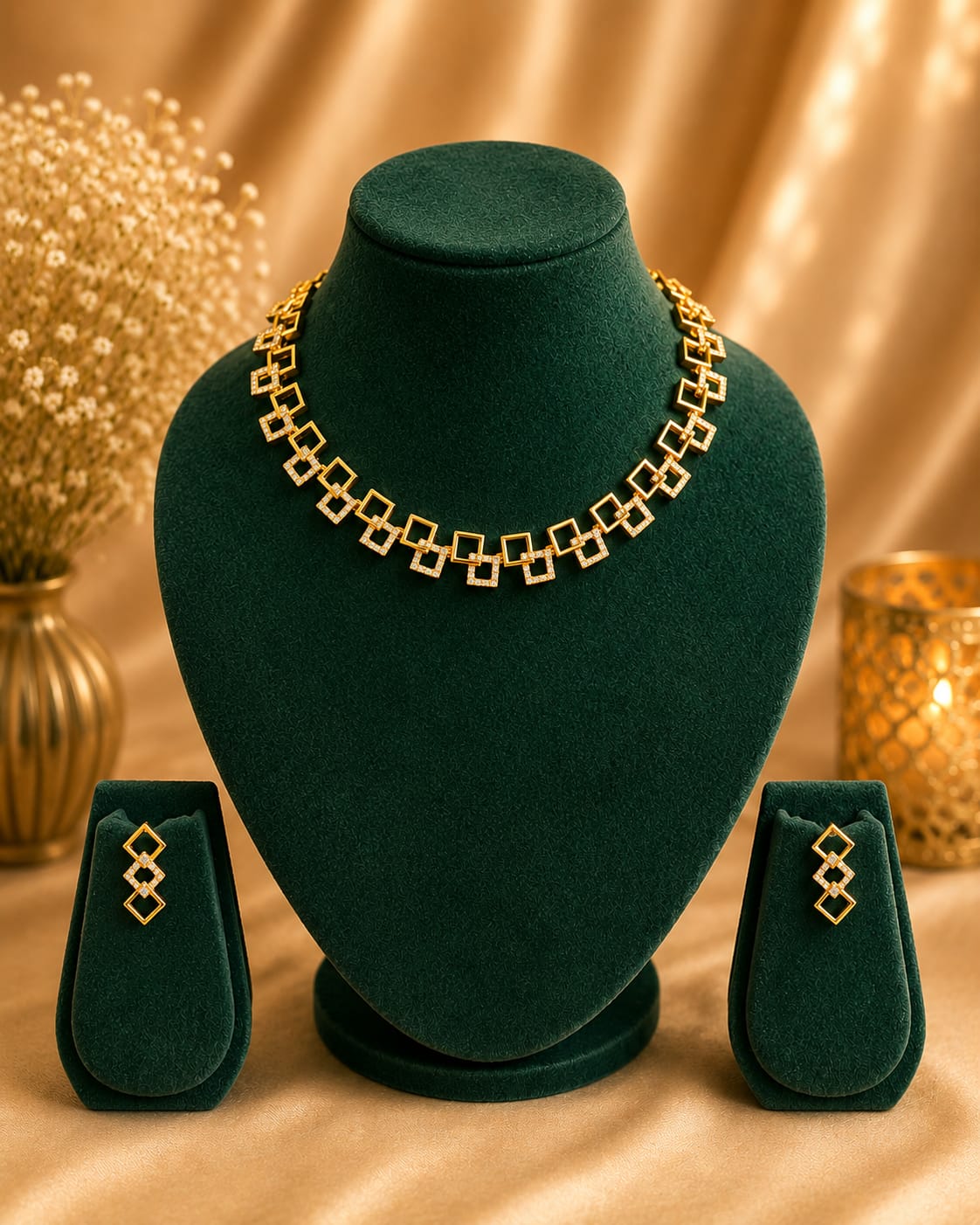 Gold CZ Diamond Open Square Link Choker Necklace Set | LLB0265