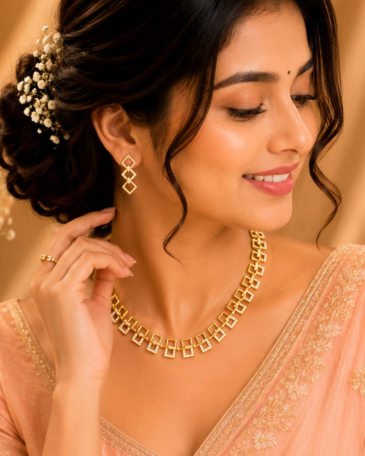 Gold CZ Diamond Open Square Link Choker Necklace Set | LLB0265