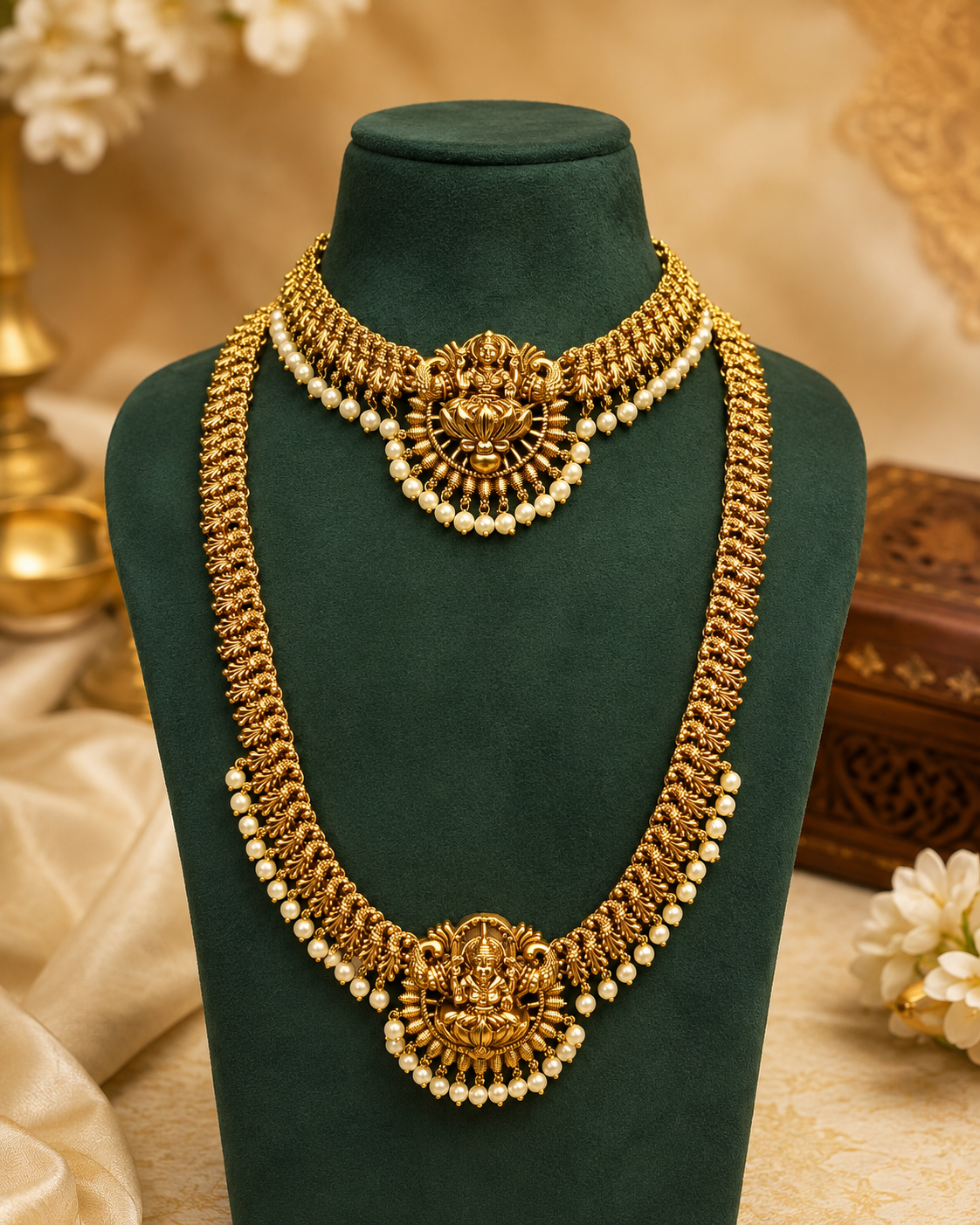 Gold Lakshmi Necklace Set with Pearls - P10 | Llabel Fashion