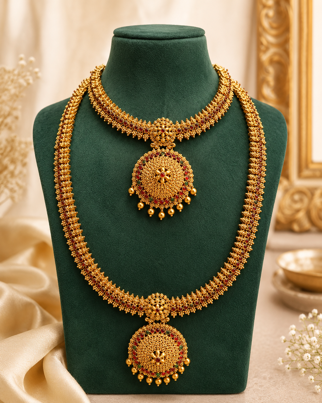 An ornate gold-toned traditional necklace displayed on a dark green velvet jewelry bust. The necklace features multiple strands of small beads, a large circular pendant with dangling bead accents, and a smaller matching pendant at the center of the lower strand.
