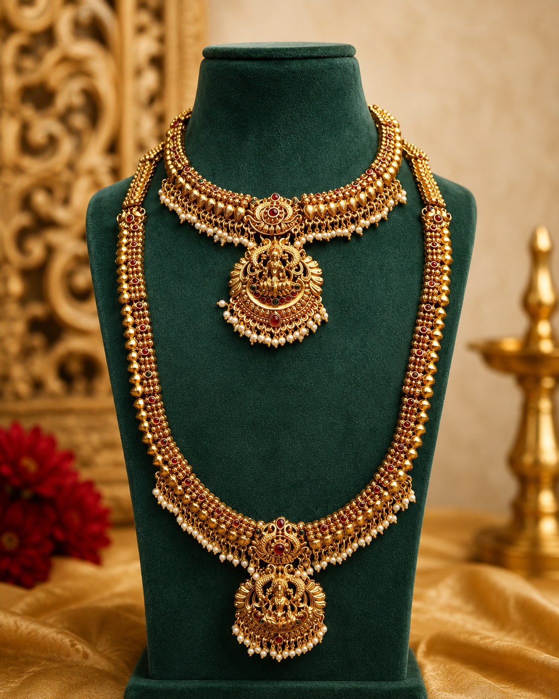 Lakshmi Temple Bridal Jewellery Set with Long Haaram & Jhumkas | P4