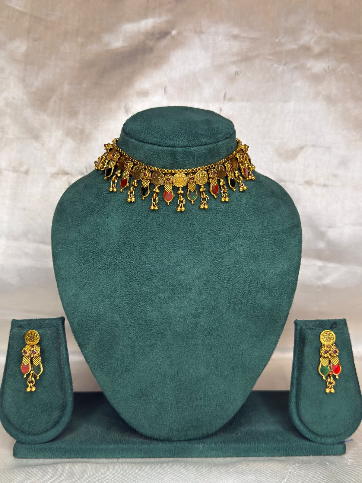 Traditional Gold Necklace Set with Ruby & Green Stones | NK1265